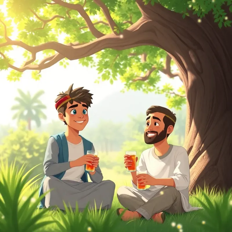 A young Arab boy, Sami, sitting under a big tree with his friend Dani, holding drinks and chatting, surrounded by greenery and sunshine, relaxed mood, happy faces, high quality