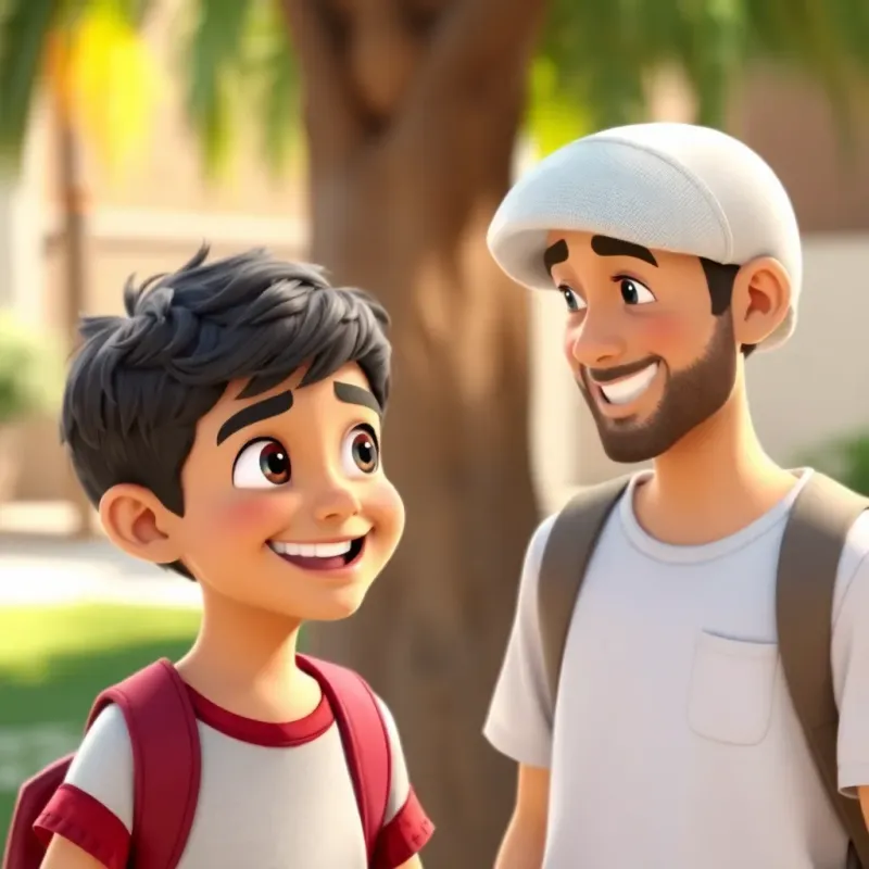 A young Arab boy, Sami, with short, dark hair, smiling and talking to his friend Dani about school and favorite subjects, enthusiastic expressions, friendly atmosphere, outdoor setting, high quality