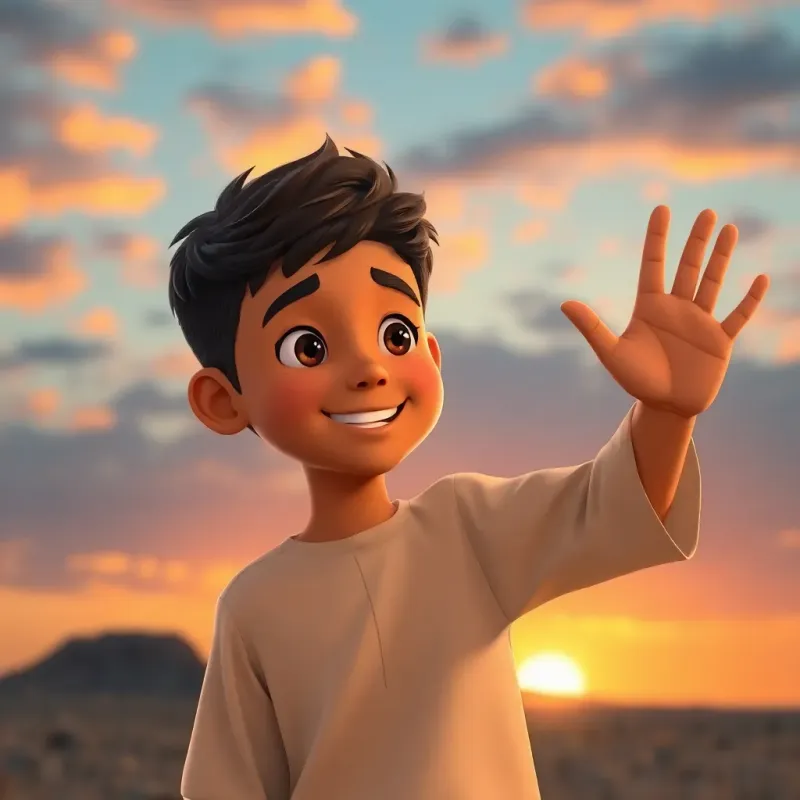 A young Arab boy, Sami, with short, dark hair, waving goodbye to his friends at sunset, warm light painting the sky, playful mood, friendly parting, high quality