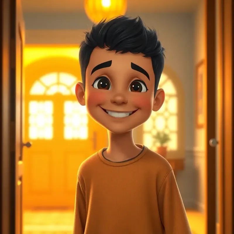 A young Arab boy, Sami, with short, dark hair, entering his home with a big smile, welcoming interior, glowing warm light, joyful and uplifting atmosphere, high quality