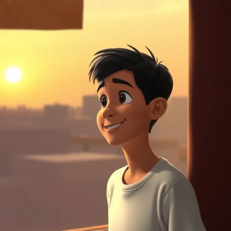 A young Arab boy, Sami, with short, dark hair, cheerful and excited, reflecting on his day while looking out of the window, warm light illuminating his face, contemplative mood, high quality