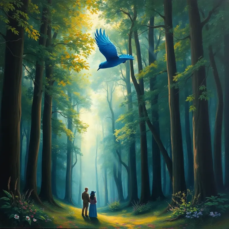 A mysterious forest with a blue bird, Beatrice, flying above Yert and Greg, tall trees, soft light filtering through the leaves, mystical feel, vibrant colors, enchanting scene, highly detailed