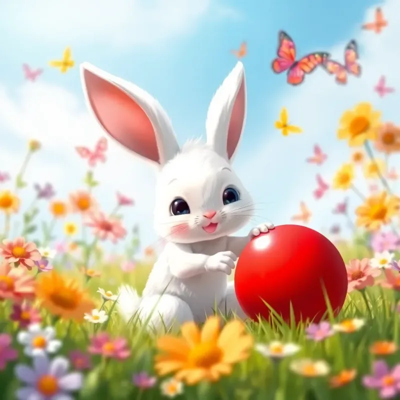 A small rabbit named Lulu, with fluffy white fur and big ears, playing with a bright red ball in a sunny meadow filled with colorful flowers and butterflies, illustration, cheerful, vibrant colors, engaging atmosphere, high definition