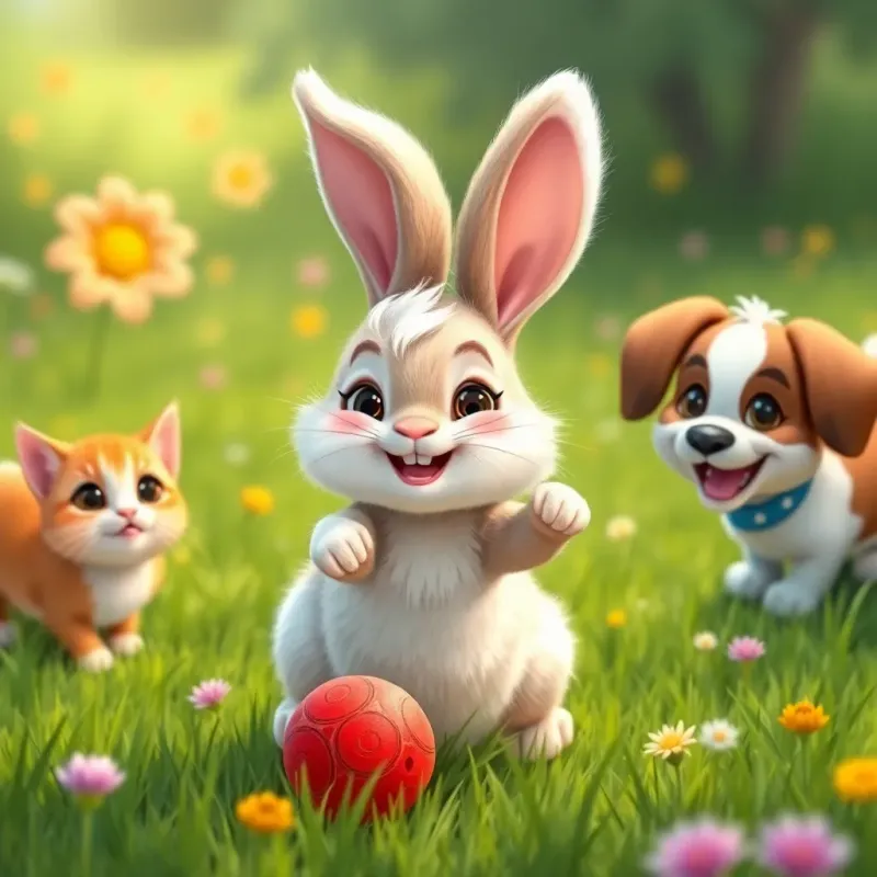 Lulu the rabbit with fluffy white fur, smiling and rolling a bright red ball in a green meadow, surrounded by a cute cat and a playful dog, joyful surroundings, warm colors, child-friendly, detailed