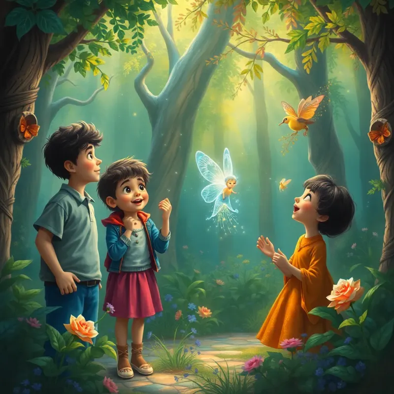 A magical scene in a vibrant forest with a sparkling fairy, depicted as a small, glowing being with wings, the three friends are amazed staring at her, Ali, Leila, and Majid expressing excitement, detailed, dreamy, enchanting light, high-quality, fantasy atmosphere