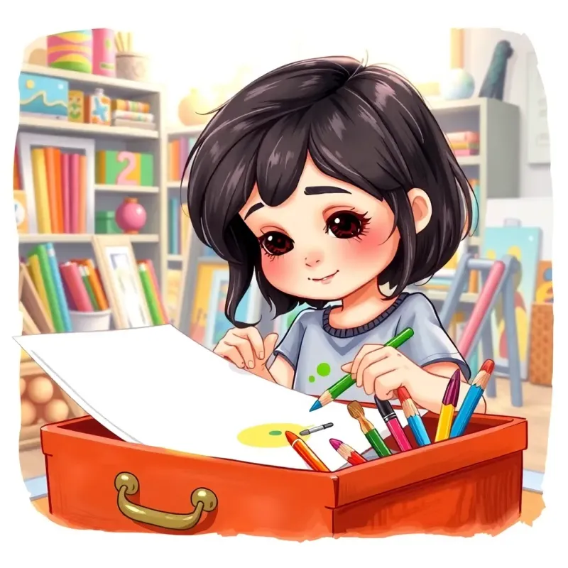 Leila, a young girl with dark hair, taking out bright colored pencils, brushes, and white paper from her art box, focused and eager, in a cozy room filled with art, bright light, colorful scene, high quality.