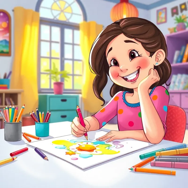 Leila drawing with concentration and joy, vibrant colors on the paper, showcasing her creativity, with a focused expression, a sunlit room with colorful decor, engaging atmosphere, high quality.