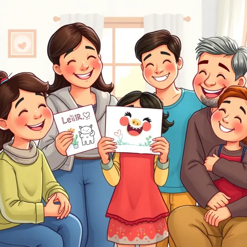 Leila proudly presenting her drawings to her family, everyone smiling and praising her artwork, a joyful scene with warmth in their expressions, bright colors, homey environment, high quality.