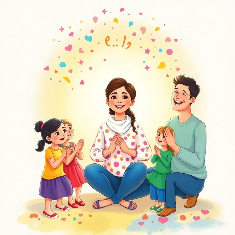 Leila, motivated and inspired, with her family surrounding her, all clapping for her creativity, colorful art cascading around, expressing happiness, engaging atmosphere, high quality.