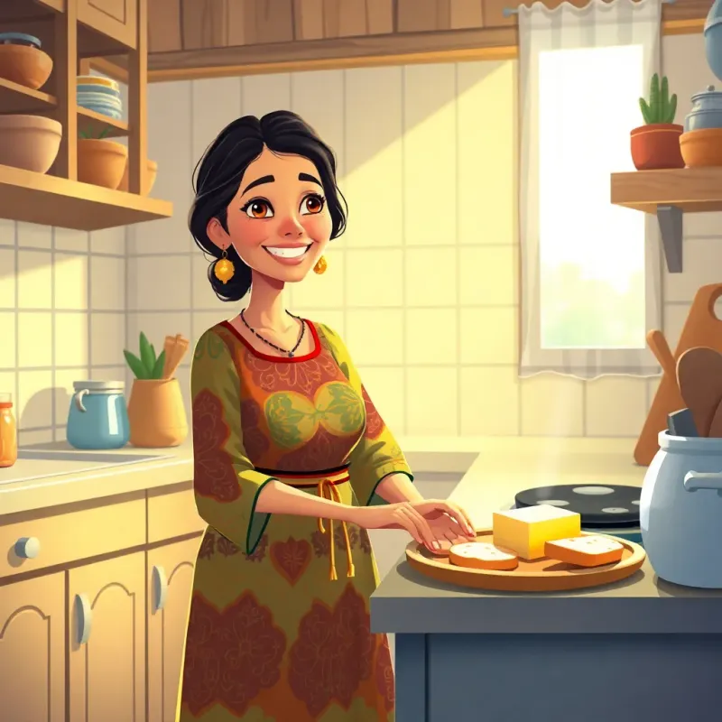 A cozy kitchen with a woman, Yusuf's mother, in a colorful dress, smiling while making breakfast, with a plate of bread and cheese, warm light, inviting scene, detailed illustration