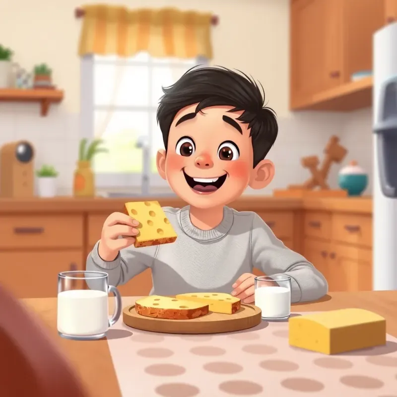 A young boy, Yusuf, happily eating a slice of bread with cheese and drinking milk at the kitchen table, looking excited, warm colors, homey vibe, child-friendly