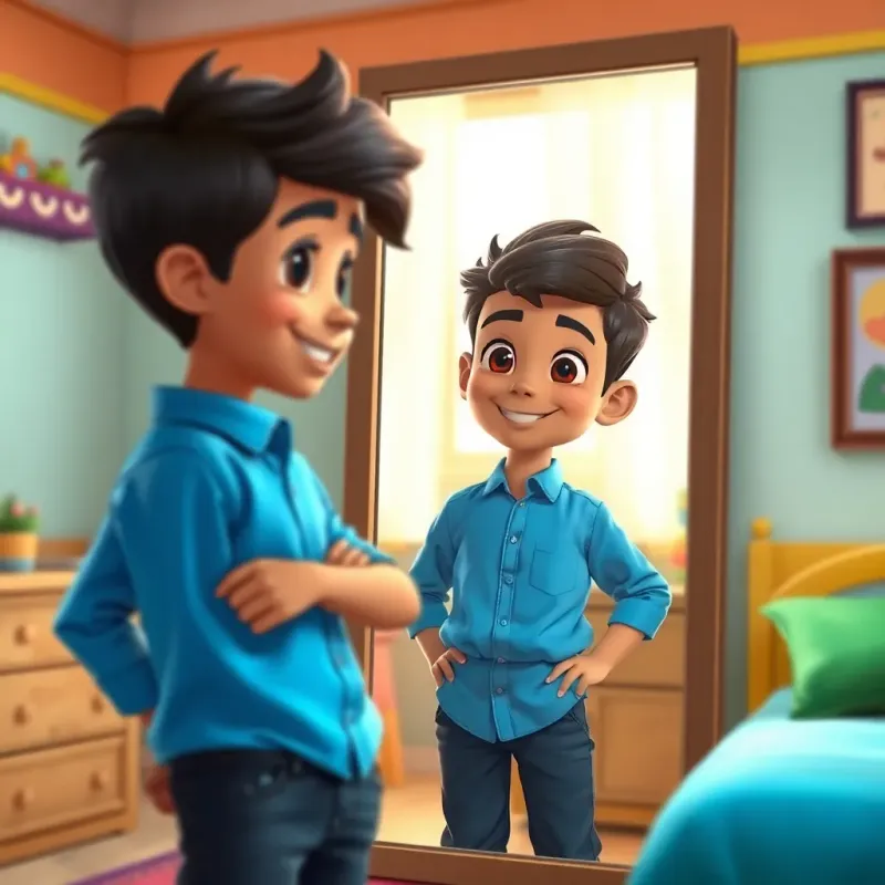 A young Arab boy, Yusuf, in a blue shirt and new pants, looking in a mirror with a confident smile, inside a bright, colorful bedroom, digital art, cheerful atmosphere, high detail