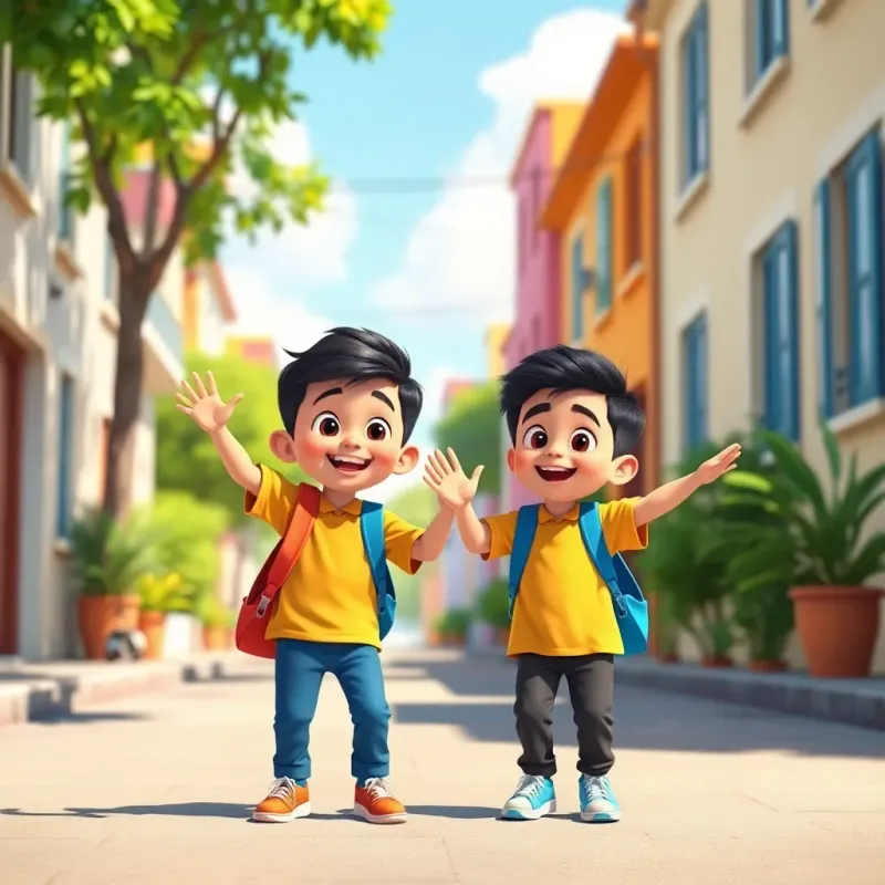 Two young boys, Yusuf and Ali, waving to each other in a sunny street, excited about going to school together, bright colors, joyful scene, child-friendly