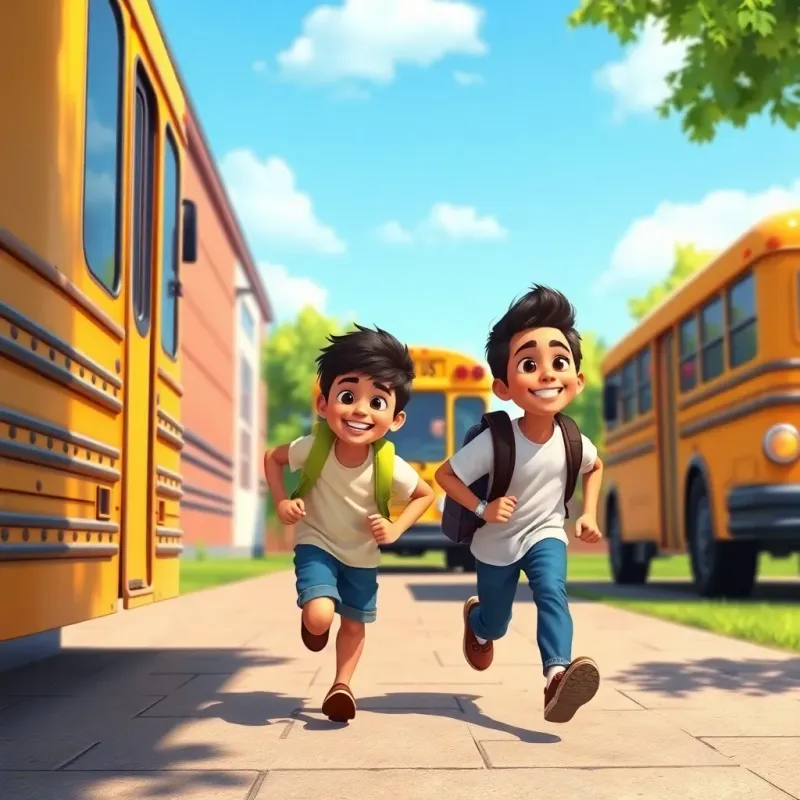 Two friends, Yusuf and Ali, running happily toward a school bus, with their backpacks on their backs, sunny day, vibrant colors, lively atmosphere, high quality