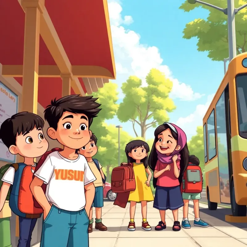 A group of children, including Yusuf, waiting at a bus stop, with a girl named Zeina smiling and chatting, sunny scene, friendly atmosphere, detailed illustration