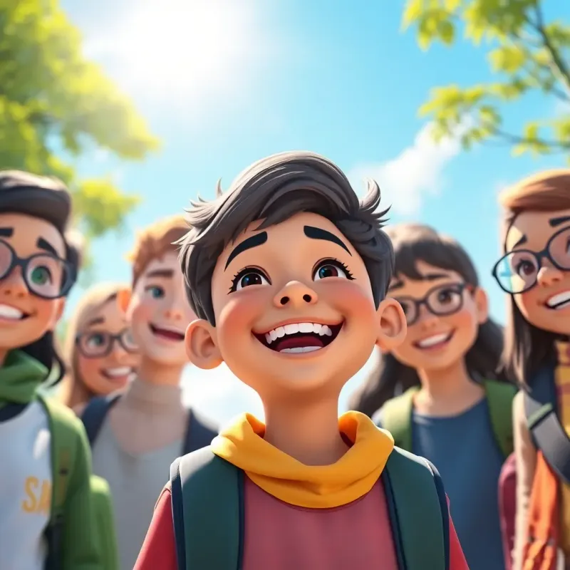 A cheerful young boy, Yusuf, laughing with a group of friends, looking optimistic about school, bright day, dynamic perspective, colorful scene, high quality