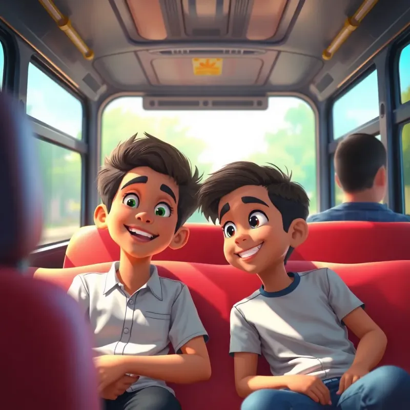 In a school bus, a young boy named Yusuf sitting next to his friend Ali, both smiling and talking excitedly, vibrant colors, lively atmosphere, digital art, high detail