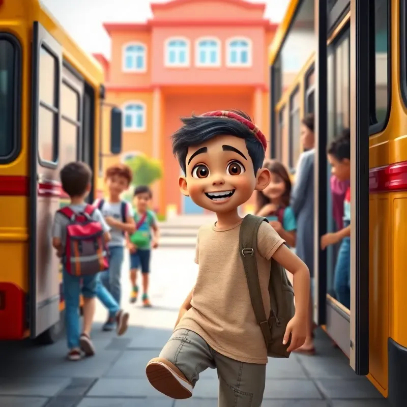 A young Arab boy, Yusuf, excitedly stepping off the school bus with his friends, ready for a new day of adventures, colorful school building in the background, bright light, cheerful vibe, high quality
