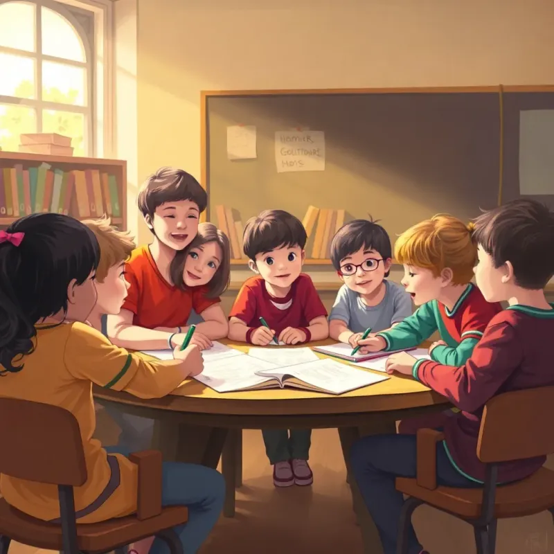 Students discussing homework solutions, understanding and engaged, a circle of children sharing ideas, lively classroom, warm light, warm colors, cheerful mood, illustration, vibrant details