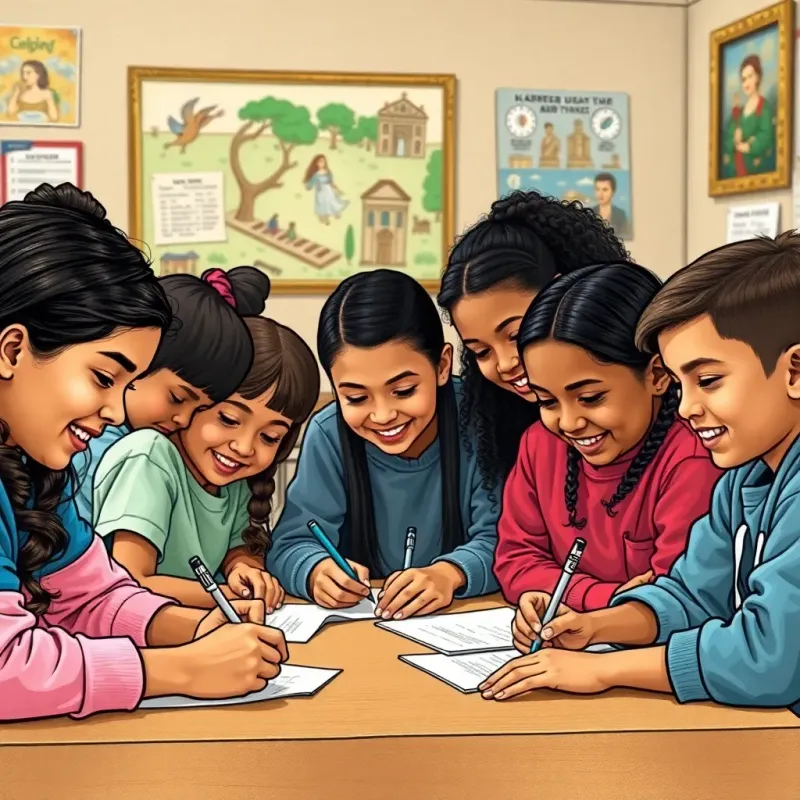 Students working together diligently, writing down answers on paper, diverse children smiling and focused, classroom environment, bright colors, collaborative spirit, illustration, lively