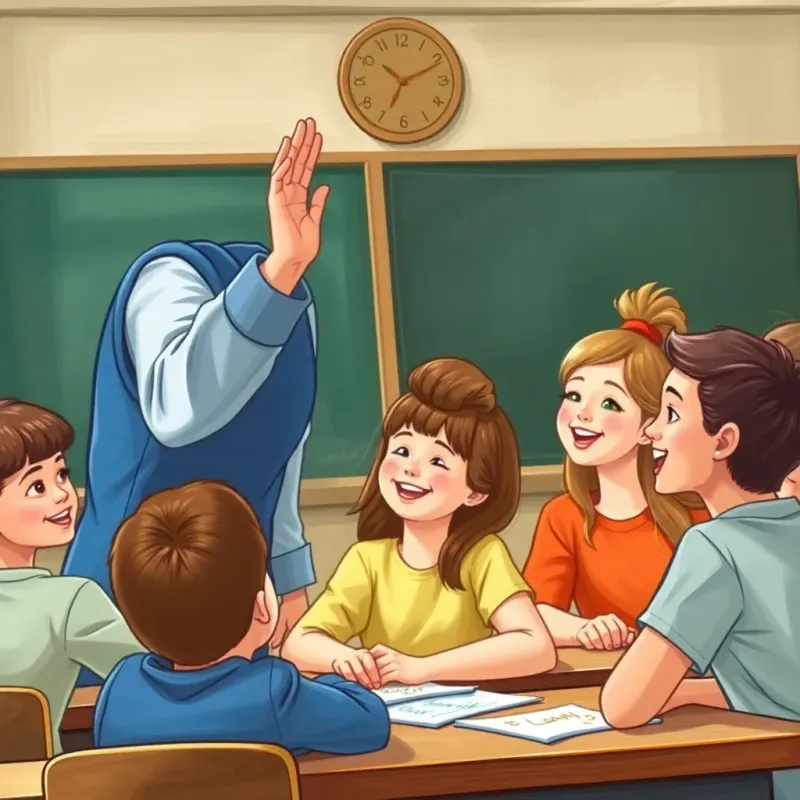 A teacher praising the students for their teamwork, students smiling with pride, classroom setting, warm and inviting, celebration of success, cheerful atmosphere, illustration, high quality