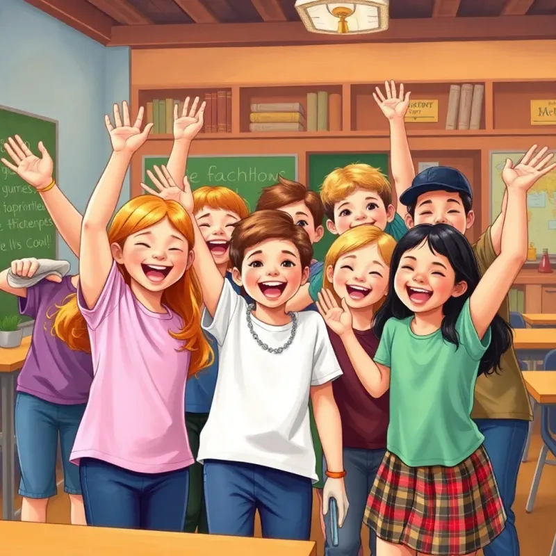 A group of happy students celebrating their success together, smiling faces, vibrant classroom, bright colors, high spirits, joyful interaction, illustration, child-friendly