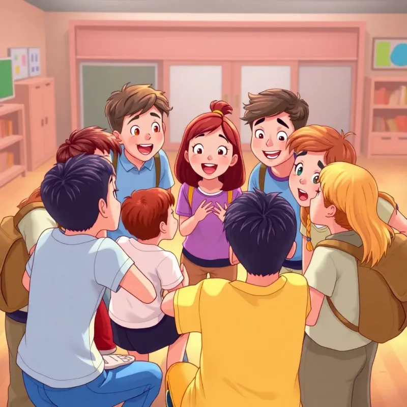 Students gathered in a circle discussing together, excited expressions on their faces. Digital illustration, vibrant colors, child-friendly, engaging atmosphere, high quality