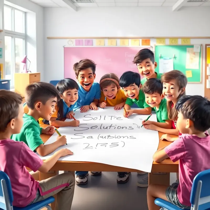 A group of students working together, writing solutions on a big paper, showing teamwork and collaboration. Bright classroom setting, colorful materials, joyful expressions, digital art, high quality