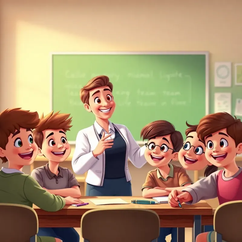 A smiling teacher praising the students for their teamwork, students looking happy and proud. Classroom background, warm lighting, positive atmosphere, detailed illustration, high quality