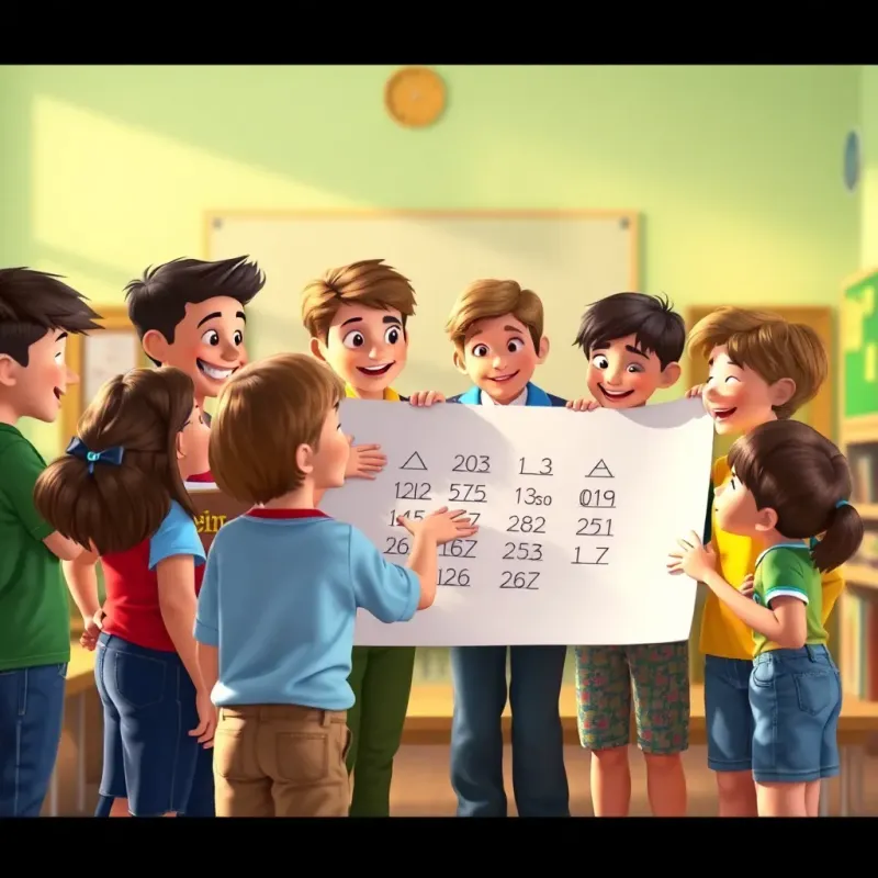 A group of students gathering around a large paper, collaborating on answers, smiling and helping each other, colorful classroom environment, encouraging light, lively colors, engaging view, digital art, high quality