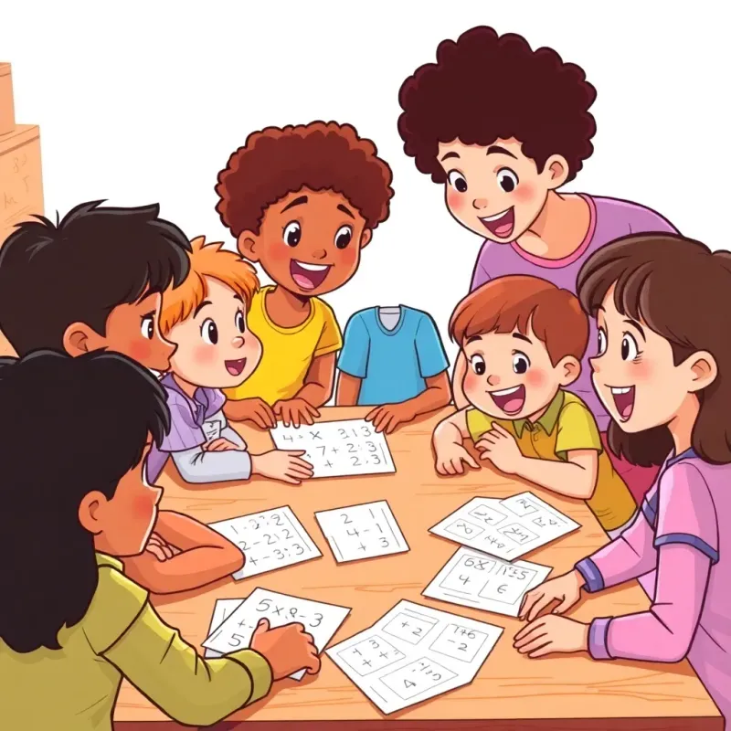 A diverse group of children around a table, discussing and sharing ideas, with math problems visible on paper, animated expressions of excitement, digital art, bright and inviting colors, collaborative environment
