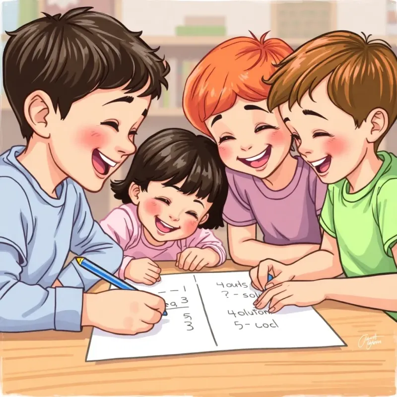 Children working together at a table, writing solutions on paper, laughter and smiles visible, showing teamwork and shared learning, digital art, vibrant and lively, joyful atmosphere, high quality