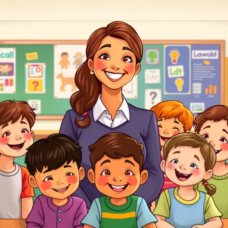 A teacher smiling with pride in front of diverse children, who are looking happy after completing their teamwork, classroom setting with educational posters in the background, digital art, warm and encouraging colors, uplifting scene