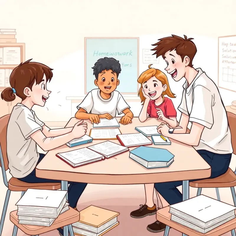 Students gathered around a table, discussing homework solutions energetically, with notes and books scattered, bright classroom, engaging interactions, detailed illustration