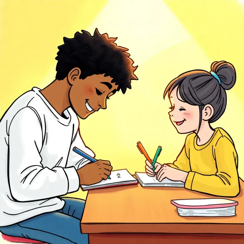 The same students working together, writing answers on paper, smiling and supporting each other, warm light, cozy atmosphere, vibrant colors