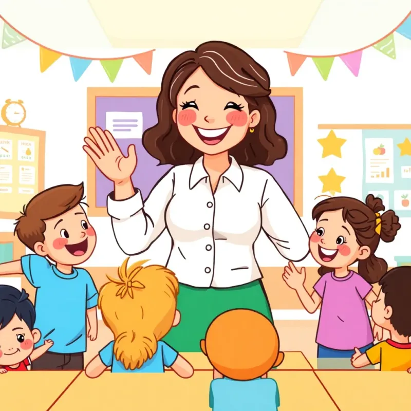 A teacher praising the students with a big smile, they look happy and proud, classroom filled with decorations, colorful and engaging, uplifting scene