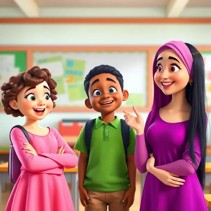 Three friends, Sarah, a young girl with curly brown hair wearing a pink dress, Mohamed, a boy with straight black hair in a green shirt, and Fatima, a girl with long black hair in a purple top, discussing together with smiles and supportive gestures, school classroom background, vibrant colors, friendly interaction, high quality