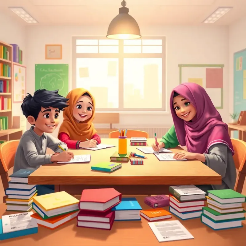 Ali, Sarah, Mohamed, and Fatima sitting together at a table, writing on paper with excitement, books and school supplies scattered around, bright classroom atmosphere, collaborative spirit, digital art, colorful, joyful