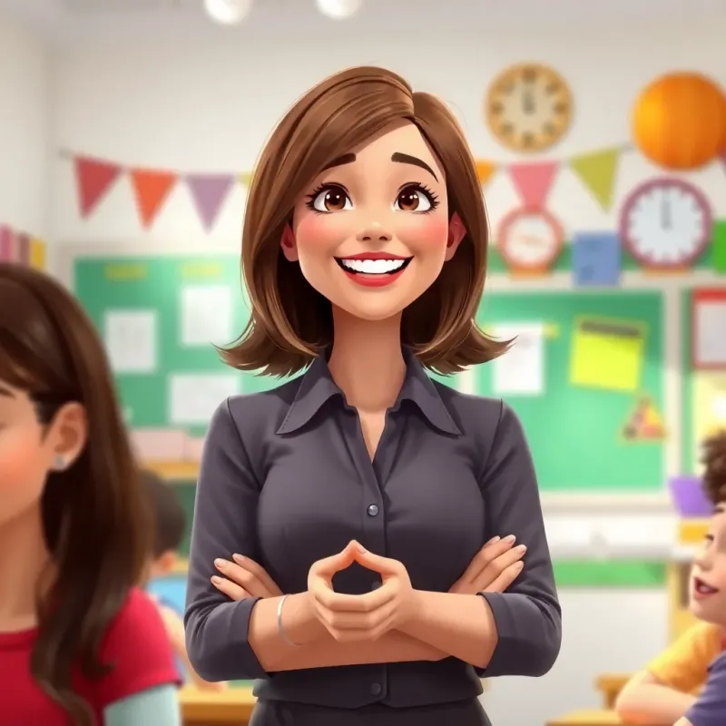 A happy teacher, a young woman with medium-length brown hair wearing a professional outfit, smiling and praising the students for their teamwork, a bright classroom with colorful decorations around, digital painting, uplifting, positive energy