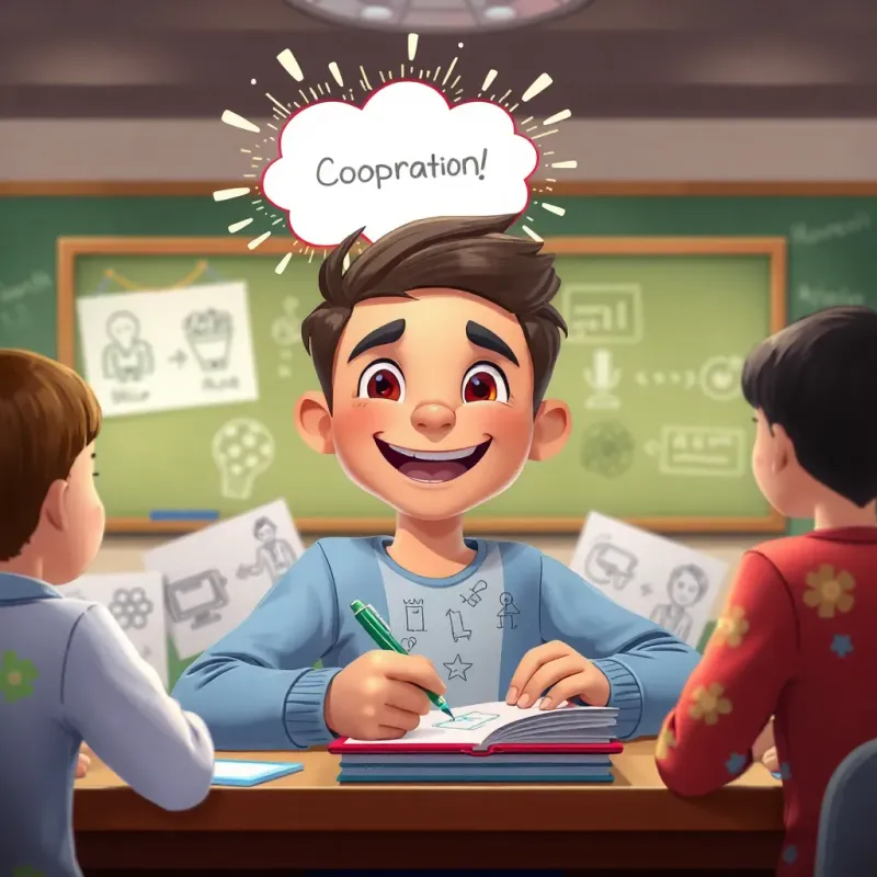 Ali smiling while sketching and writing notes about cooperation with his friends, a sparkling idea bubble above his head, surrounded by drawings of teamwork, a big schoolboard in the background, colorful, cheerful atmosphere, digital illustration