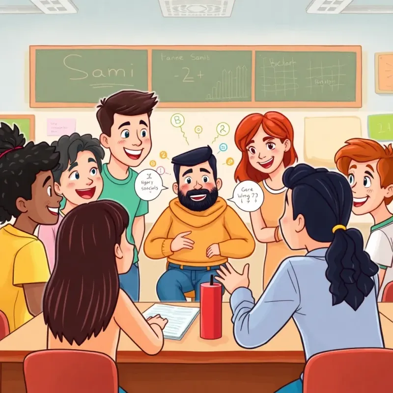 A group of students discussing and brainstorming around Sami, with diverse appearances, sharing ideas and smiling in a lively classroom, illustration, friendly vibe, colorful, child-friendly