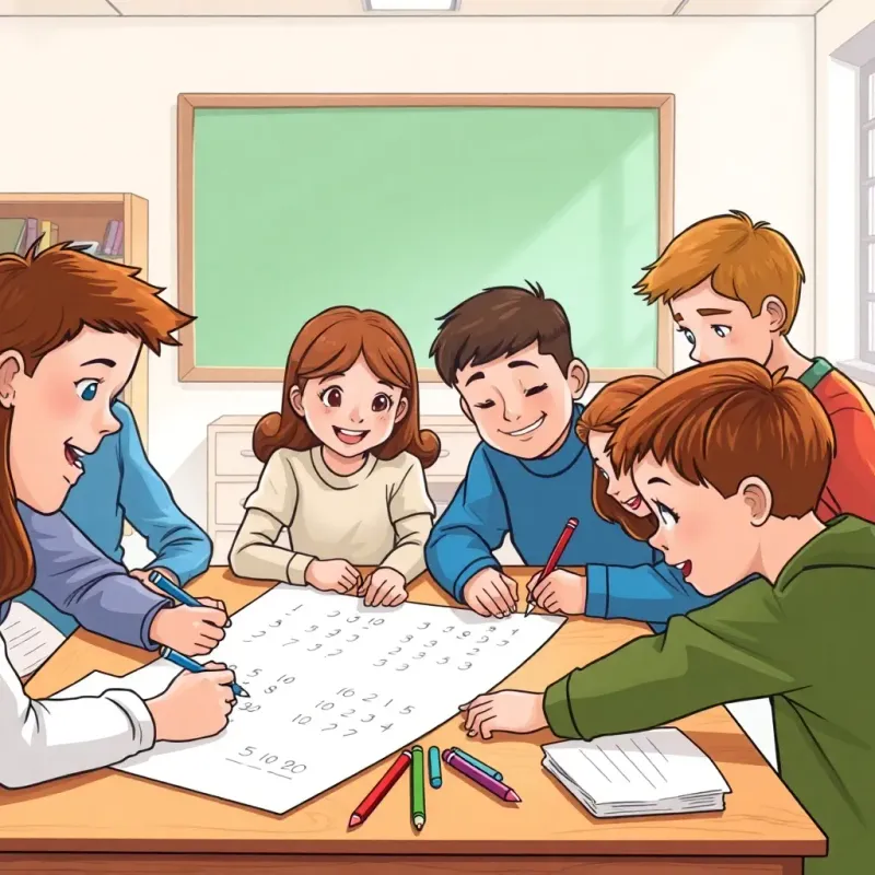 Students working together at a table, writing answers on a large paper, expressions of concentration and teamwork, bright classroom, collaborative scene, detailed, cheerful