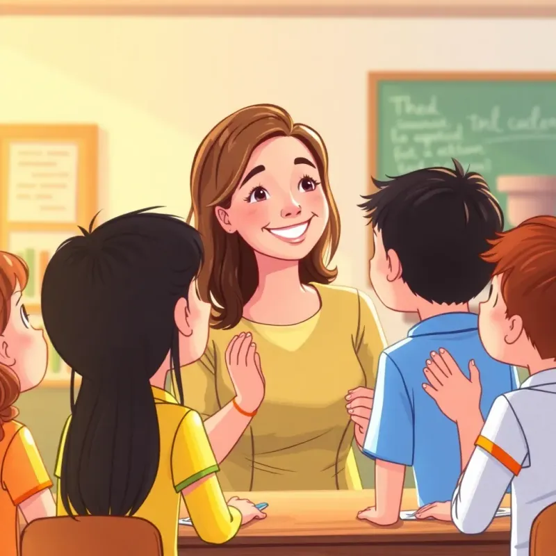 A teacher, a kind middle-aged woman, smiling at the group of happy students giving them praise, warm light filling the room, atmosphere of encouragement, heartwarming, vibrant