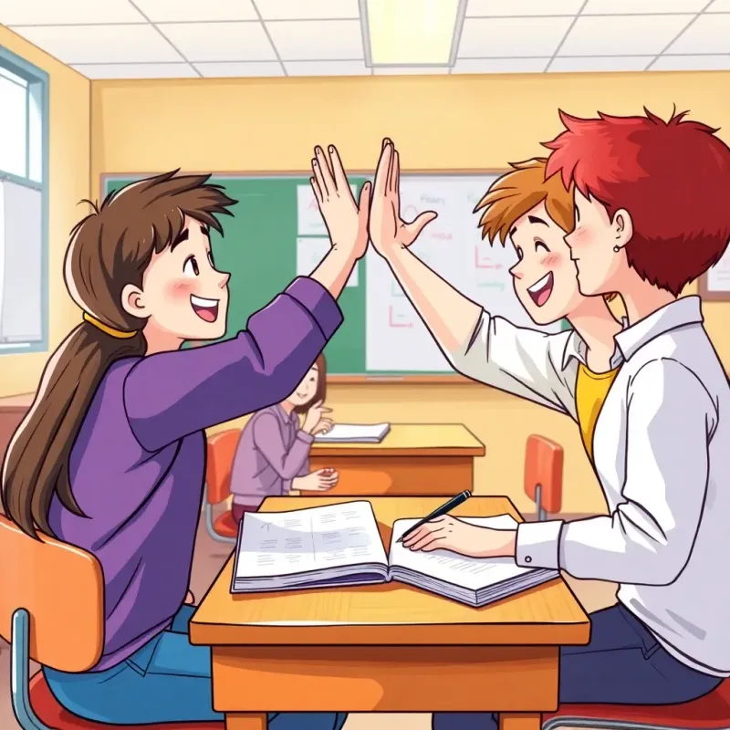 Students high-fiving each other after solving the homework, celebrating their teamwork in the classroom, joyful expressions, bright colors, uplifting scene, detailed