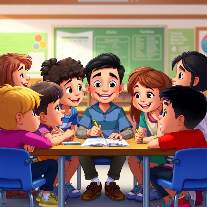 A group of children discussing and helping Ali with his homework, diverse young kids with different hairstyles and clothing styles, animated style, bright colors, joyful expressions, classroom setting