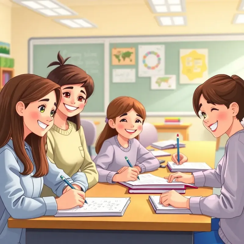 Students working together, writing answers in their notebooks with bright smiles, teamwork atmosphere, cheerful and colorful classroom, high-quality illustration