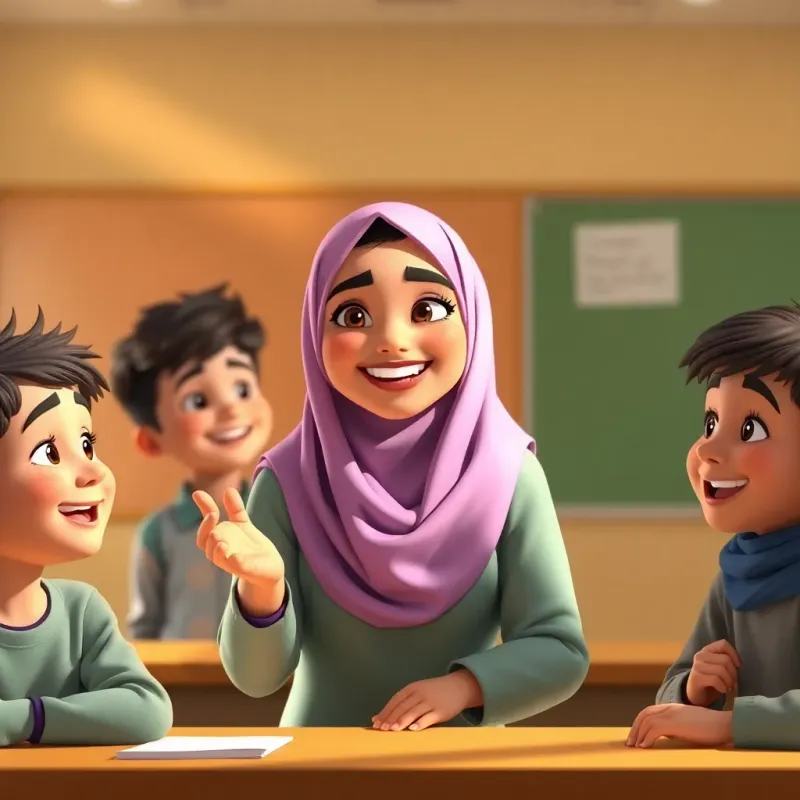 A hijab-wearing teacher, smiling and praising the students, with Ali and his friends looking happy, warm light, supportive classroom environment, celebratory vibes