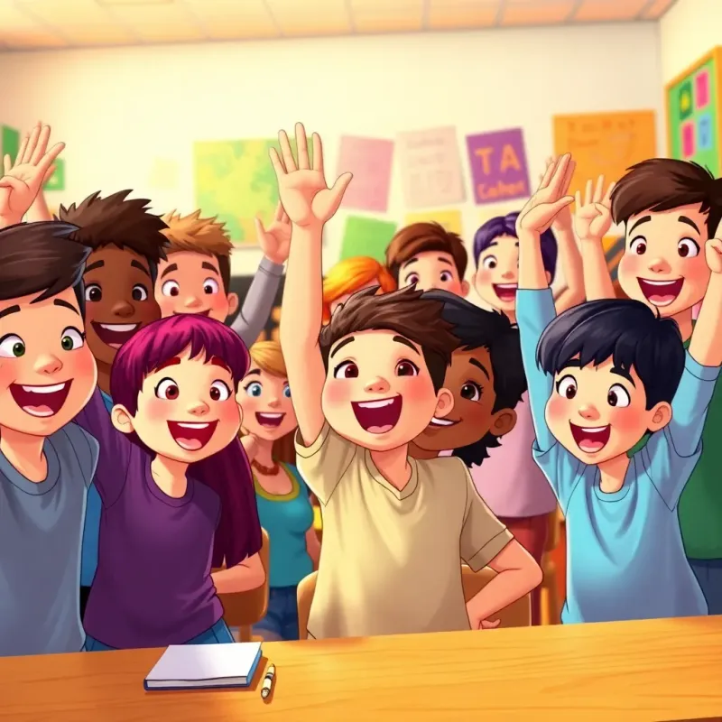 A group of happy children in a lively classroom, diverse ethnicities, excited expressions, some raising their hands to answer, colorful posters on the walls, warm light, engaging scene, illustration, vibrant and dynamic atmosphere