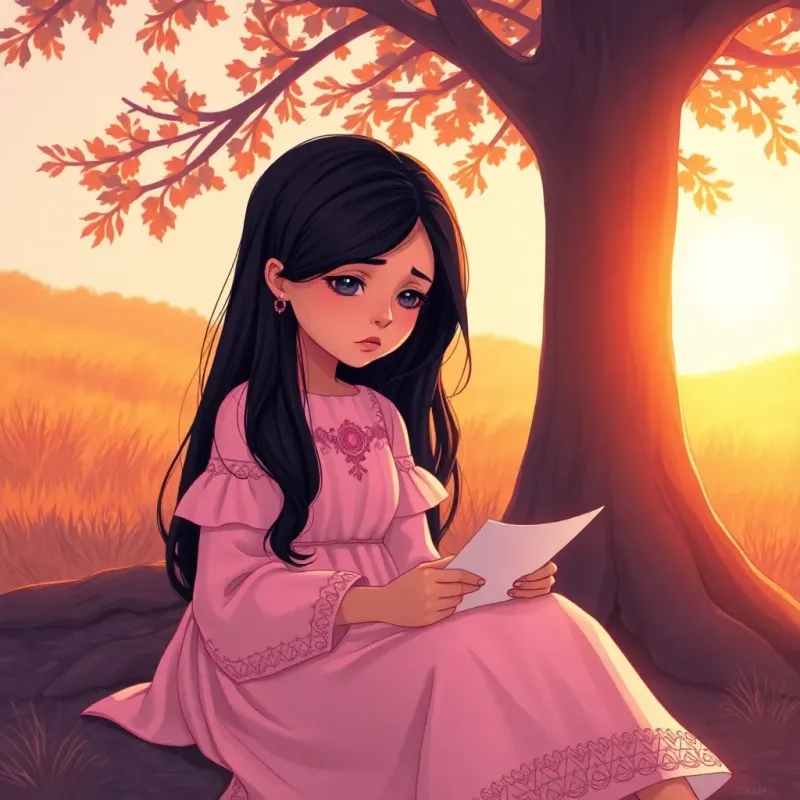 A young Arab girl, Leila, with long black hair, wearing a pretty dress, sitting under a tree, writing a note with a sad expression, illustration, warm light, serene ambiance, high quality