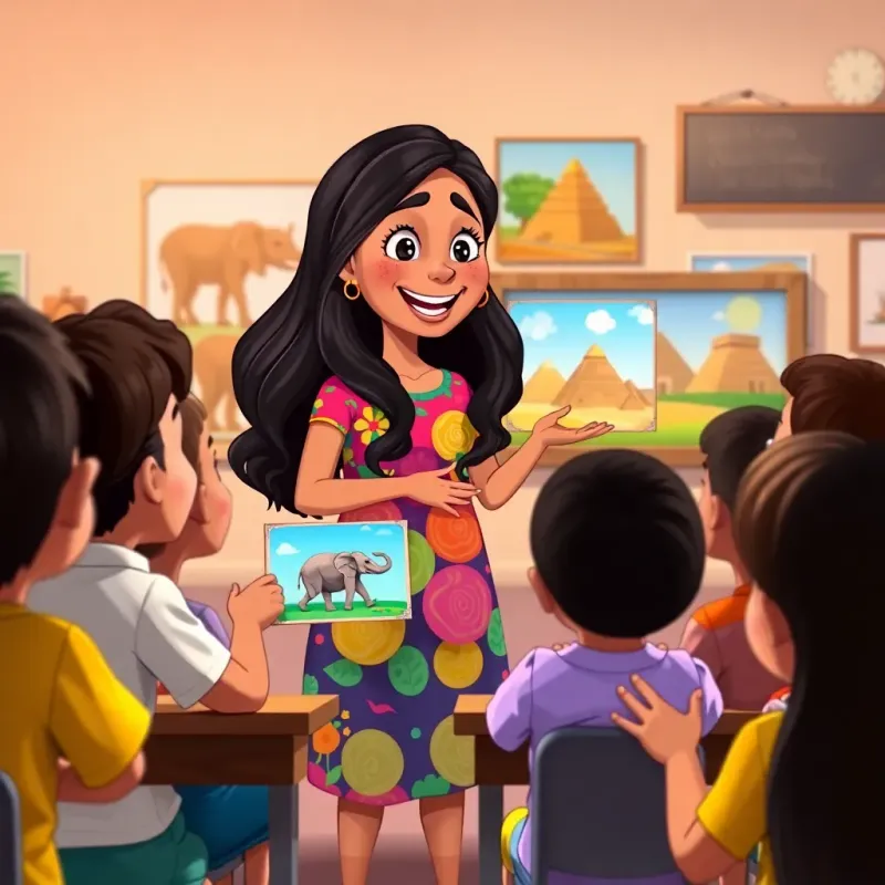 A friendly teacher, Leila, with dark, long hair, wearing a colorful dress, showing pictures of elephants and pyramids to an excited class, bright colors, engaging environment, illustration, high quality